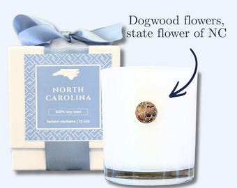 Vela de Carolina del Norte con emblema de flor de cornejo / Cera de soja de 355 ml / Verbena de limón / Flor del estado / Regalo de cierre para agente inmobiliario