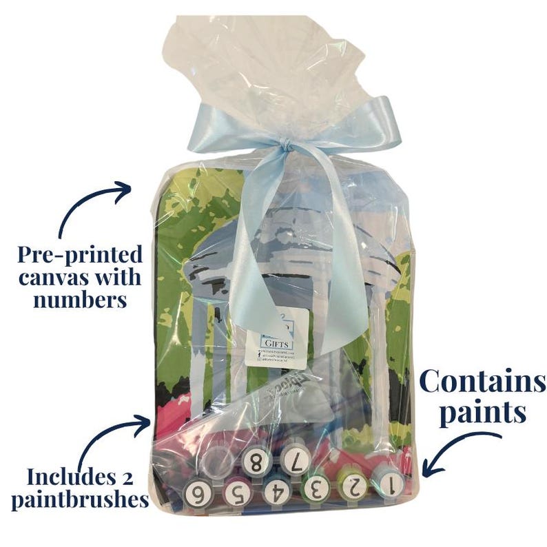 Puede incluir: Un kit de pintura por n&uacute;meros con un lienzo preimpreso con n&uacute;meros y un conjunto de pinturas acr&iacute;licas en frascos peque&ntilde;os. El lienzo representa un edificio con un techo azul y columnas blancas. El kit tambi&eacute;n incluye dos pinceles. El kit est&aacute; empaquetado en una bolsa de pl&aacute;stico transparente con una cinta azul.