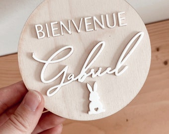 Carte bienvenue bébé personnalisable prénom en bois et Acrylique pour la naissance avec lapin