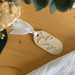 Etiquette prénom naissance personnalisée en bois et plexi cadeau enfant