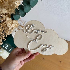 Carte bienvenue bébé nuage personnalisable annonce prénom en bois et Acrylique pour la naissance