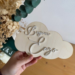 Customizable cloud baby welcome card announces first name in wood and acrylic for birth