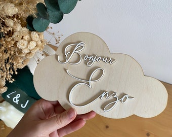 Carte bienvenue bébé nuage personnalisable annonce prénom en bois et Acrylique pour la naissance