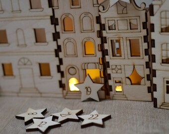 Perpetual Advent calendar Christmas village in engraved wood in kit to build