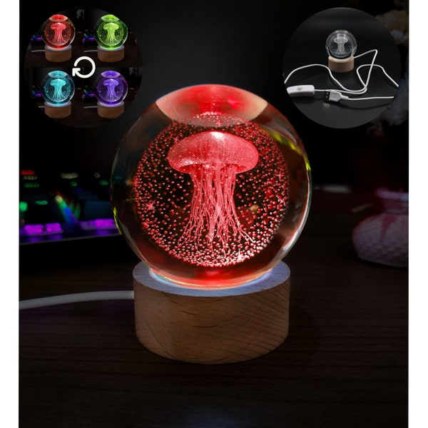 Colorful Ambiance: 3D Jellyfish Glass Sphere Night Light-Crystal Decorative Illumination,Desk Decor Orb for Ambiance-Rechargeable Desk Decor