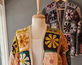 Daisy Flower Crochet Cardigan, Cropped Cardigan, Autumn Color Sweater, Brown Patchwork Vest