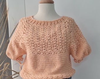 Modèle de haut en crochet, haut court, haut à manches bouffantes, modèle de haut en crochet écrit