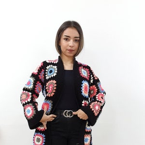 Handmade Granny Square Crochet Cardigan: Colorful Patchwork Open Front