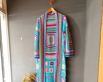 Colorful Fringed Long Crochet Cardigan with Granny Squares, Long Crochet Sweater, Open Front Cardigan Crochet