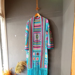 Colorful Fringed Long Crochet Cardigan with Granny Squares, Long Crochet Sweater, Open Front Cardigan Crochet