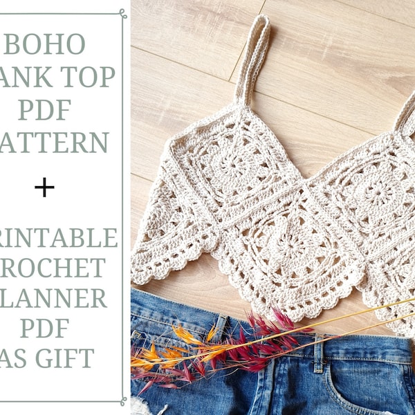 Modèle de débardeur bohème facile au crochet en fichier PDF avec cadeau de planificateur au crochet, modèle de haut carré grand-mère au crochet ; Modèle au crochet moderne