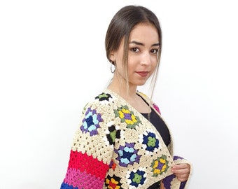 Crochet Crop Coat, Granny Square Jacket, Colorful Handmade Cardigan, Summer Crochet Coat