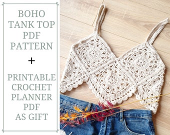 Crochet Easy Boho Tank Top Pattern in PDF File with Crochet Planner Gift, Crochet Granny Square Top Pattern; Modern Crochet Pattern