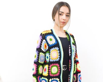 Handmade Granny Square Crochet Cardigan: Colorful Patchwork Afghan Coat