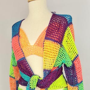 Crochet Cotton 3-Piece Outfit: Kimono Cardigan, High Waist Skirt, Bralette