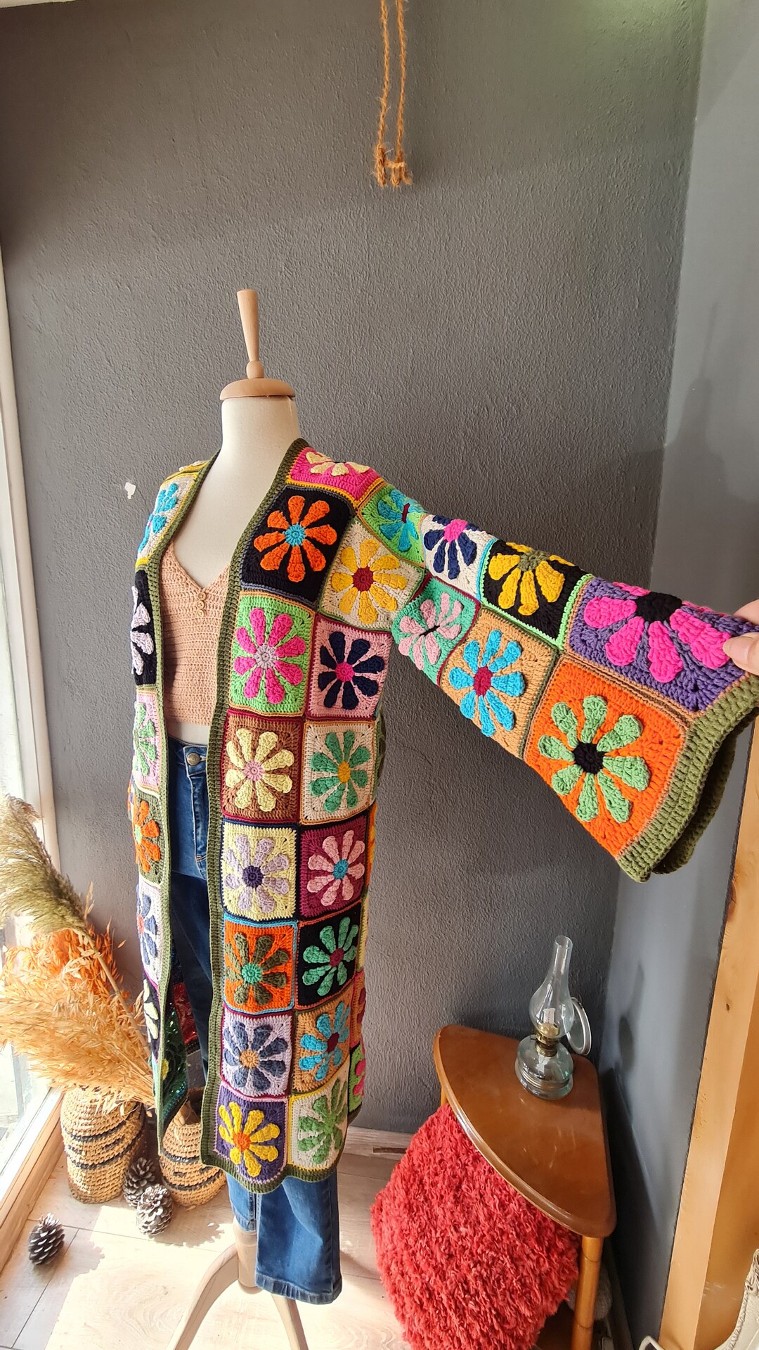 Flower Crochet Long Cardigan in Bright Colors, Floral Colored Long