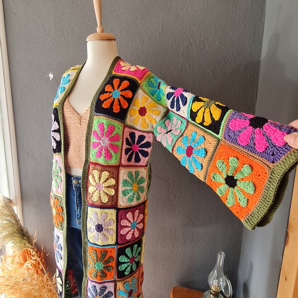 Flower Crochet Long Cardigan, 3D Daisy, Bright Colors