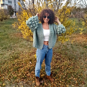 Chunky Wool Cardigan, Knitted Bubble Sleeve Sweater, Oversized Cardigan, Tax Free Delivery