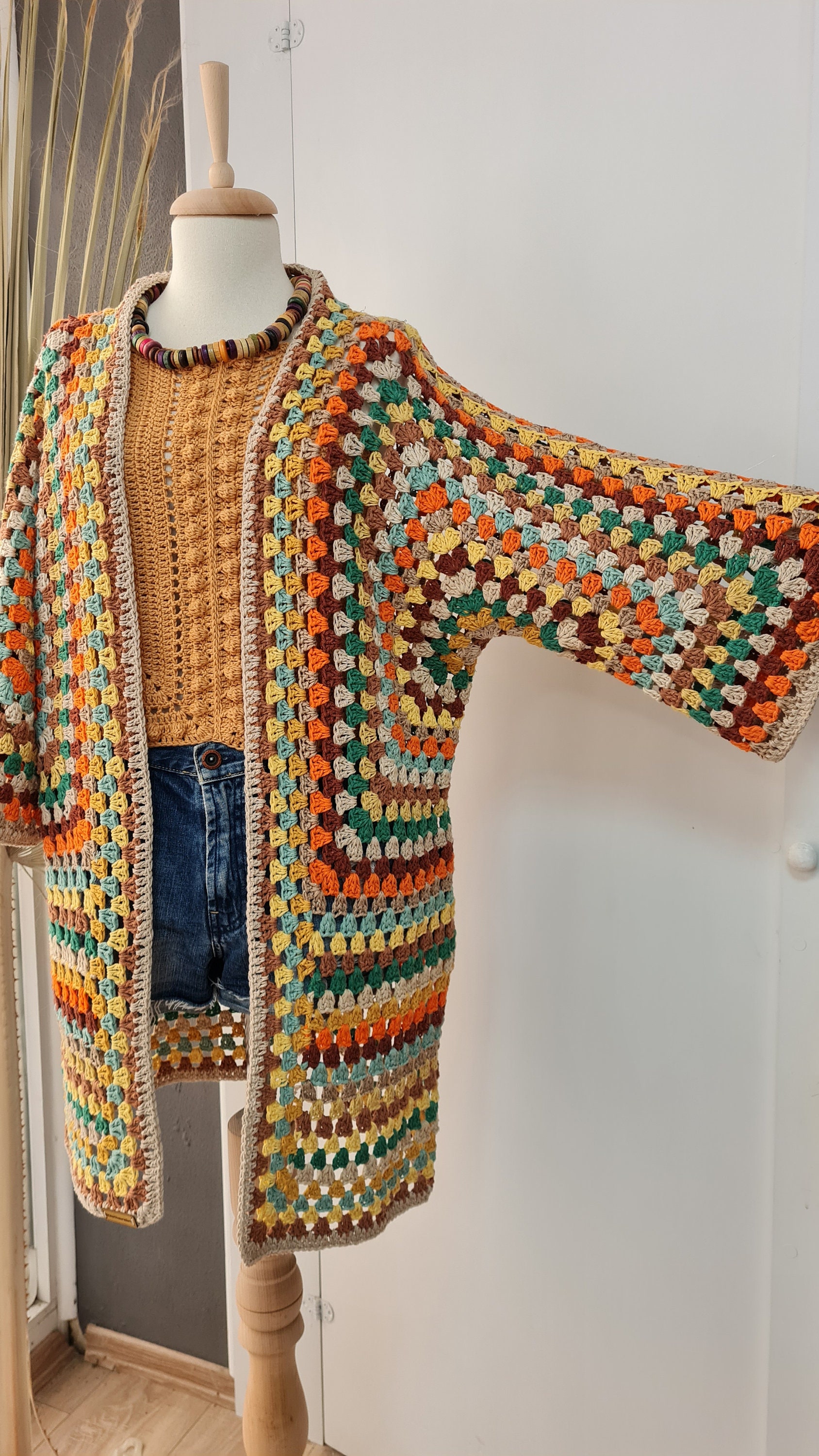 Oversize Hexagon Four Season Cardigan, Handknit Granny Wool