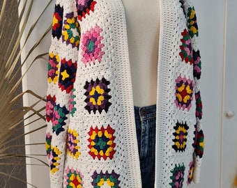 White Crochet Cardigan,  Granny Square Hoodie Cardigan, Open Front Sweater, Patchwork Vest