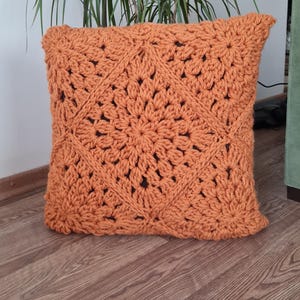 May include: A crocheted pillow with a square pattern in a burnt orange color. The pillow is made with a thick yarn and has a textured surface.