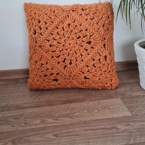 May include: A crocheted pillow with a square pattern in a burnt orange color.