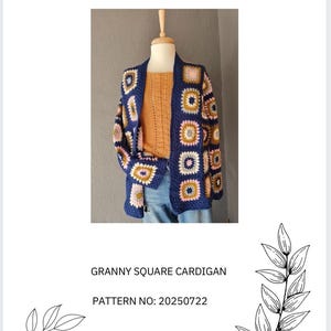 May include: A navy blue granny square cardigan with colourful square patterns, displayed on a mannequin. The cardigan is paired with a tan top and blue jeans. The image includes the text "Karma Pattern" and "Granny Square Cardigan".