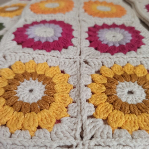 Sunflower Crochet Woman Scarf, Granny Square Scarf, Sunflower Crochet Children's Scarf, Knit Afghan Scarf, Multicolour Scarf