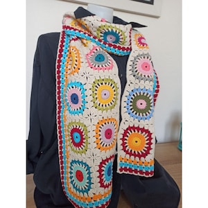granny square scarf, women scarf, handknit long scarf,  afghan scarf, vintage style colorful scarf, winter scarf, bohemian scarf, gift scarf
