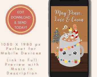 Kawaii Christmas eCard: Animated Holiday Video, Peace Love & Cocoa (Editable Canva Template, Digital Download)