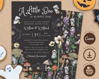 Cottagecore Mushroom Ghost Baby Shower Invitation Bundle (Canva Template, Digital Download)
