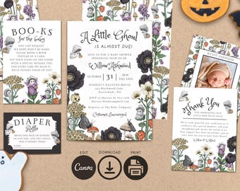 Cottagecore Halloween Baby Shower Invitation Bundle: Mushroom Ghosts (Printable Canva Template)