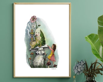 Alice in Wonderland Caterpillar Scene – Printable Digital Art by Rea Davidson | Whimsical Mushroom Illustration