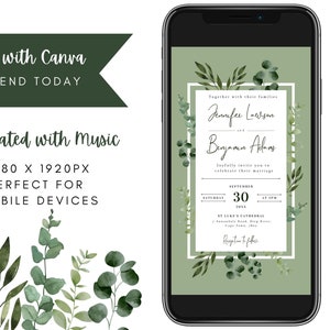 Editable Sage Green Wedding Electronic Invitation | Digital Watercolor Greenery Animated Evite | Canva Template with Music