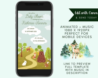 Woodland Baby Shower Party Video Invitation Canva Template with Music, Illustrated Animals and Animations