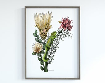 Chameleon Botanical Wall Art | Floral Illustration Digital Art Print | Printable Boho Wall Decor for Instant Download