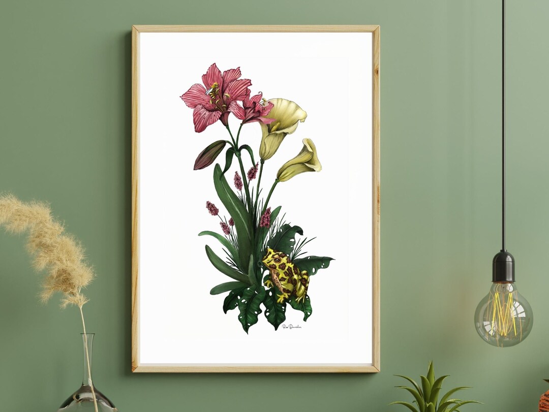 Printable Botanical Art Print of A Cute Frog Sitting in a Bouquet of ...