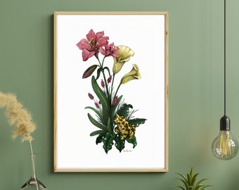 Printable Botanical Art Print of A Cute Frog Sitting in a Bouquet of African Lily Flowers | Boho Wall Decor for Instant Digital Download