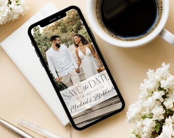 Wedding Save the Date Video  Photo Announcement  Editable Canva Template  Minimalist Digital Evite