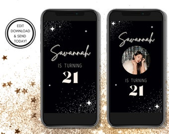 Celestial Stars 21st Birthday Video Invitation | Editable Canva Template with Music & Animation