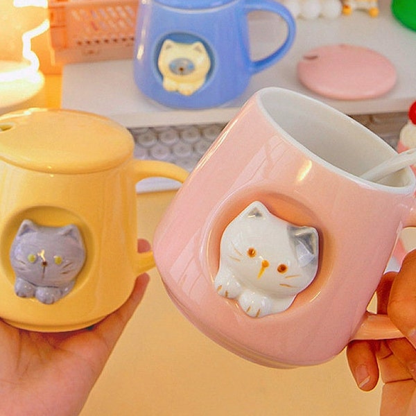 Tasse mignonne en céramique, tasse chaton jaune, tasse en céramique avec couvercle, tasse à thé mignonne, cadeaux de chat pour elle, tasse à thé, tasse mignonne, boîte cadeau, tasse de chat, tasse rose,