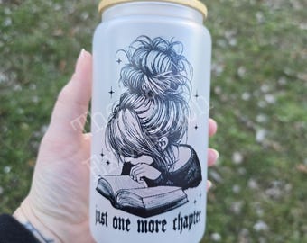 One More Chapter 16oz  Glass Cup: Iced Coffee Holiday Gift Fall Reading Travel Cup