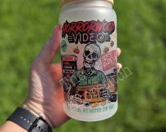 Horror Video Store- 16oz Glass Cup OR Stainless Steel Tumbler- Spooky season Iced Coffee Horror Halloween Holiday Gift