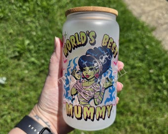 World's Best Mummy- 16oz Glass Cup OR Stainless Steel Tumbler - Iced Coffee Spooky Season Holiday Gift Horror Halloween Mother's Day