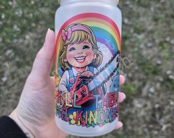 Kill With Kindness - 16oz Frosted Glass Cup - Iced Coffee Holiday Gift Tumbler Spooky Season