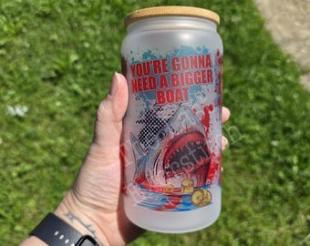 Jaws Killer Shark - 16oz Glass Cup OR Stainless Tumbler- Iced Coffee Beer Glass Spooky Season Horror Holiday Gift  Halloween