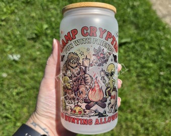 Camp Cryptid 16oz Glass Cup OR Stainless Steel Tumbler: Spooky Season Mothman Horror Gift