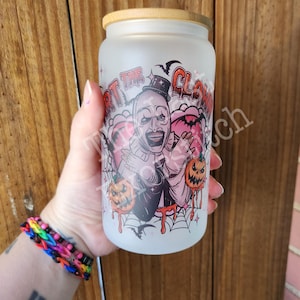 Art Pumpkin Clown 16oz Glass Cup: Halloween Tumbler Spooky Season Holiday Gift Fall Horror Travel Cup