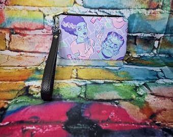Frank and Bride Pastel Mini Zip Pouch Wallet Coin Purse W/ Wrist Strap- Spooky Season Halloween Gift