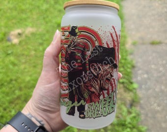 Freddy Sweet Dreams 16oz Glass Cup OR Stainless Tumbler: Spooky Season Halloween Iced Coffee Holiday Gift Travel Cup